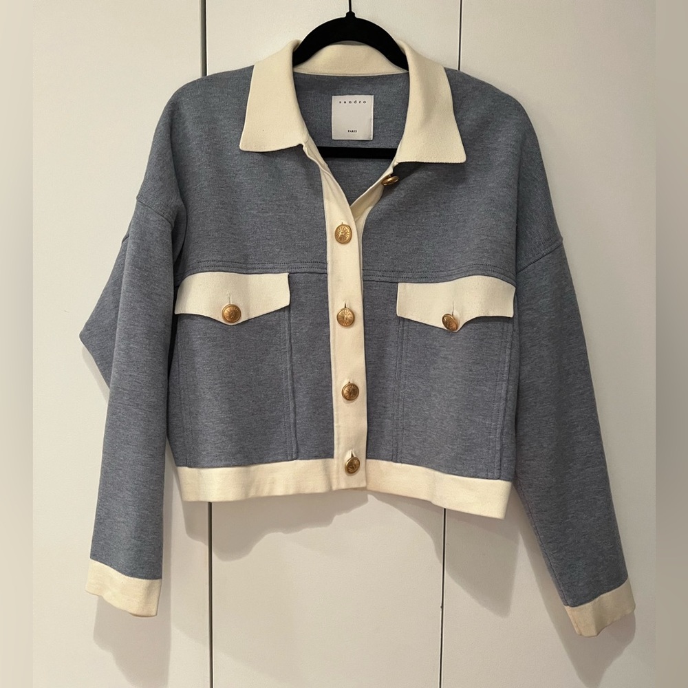 Sandro contrast trim cardigan blue white size M